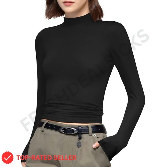 Tops - Mock Turtleneck Long Sleeve Tee Slim Fit Y2K Chic Minimal Basic Top
